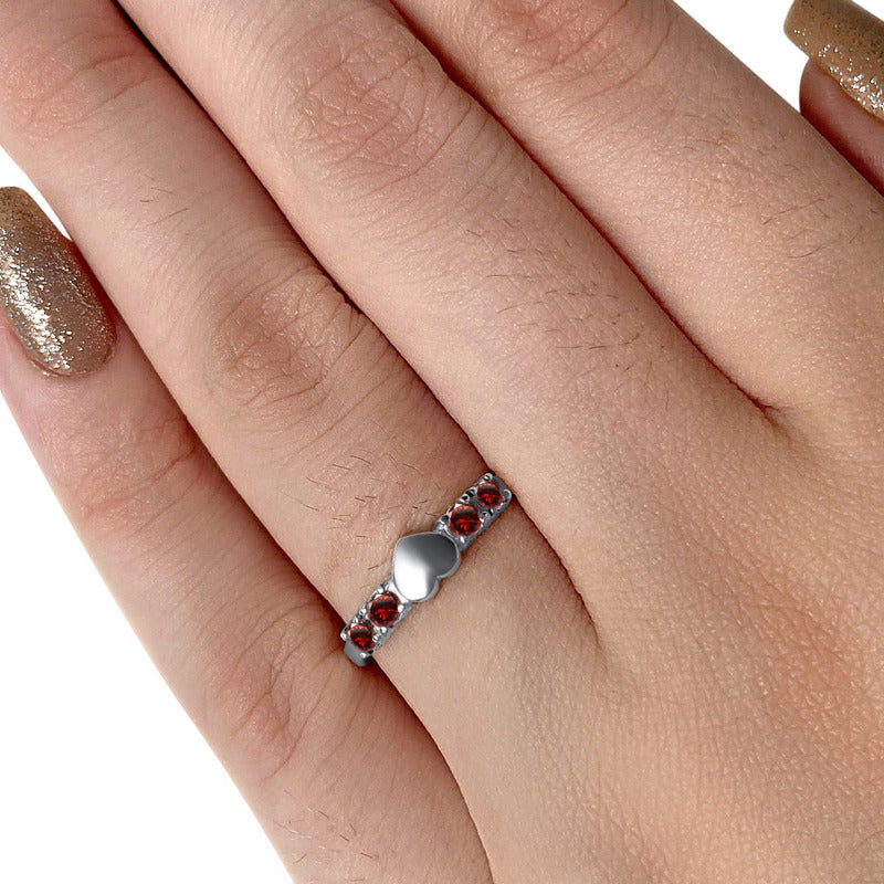 Solid Heart Ring In Pure 925 Silver - Garnet