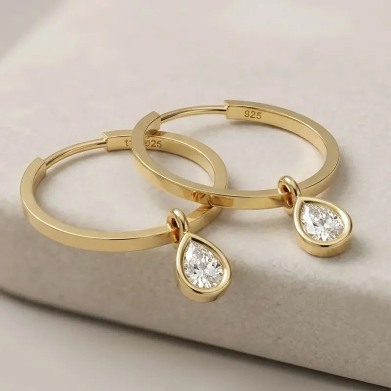 Brinco Argola Prata 925 Dourada 18k Pingente Gota - Zircônia Dourado