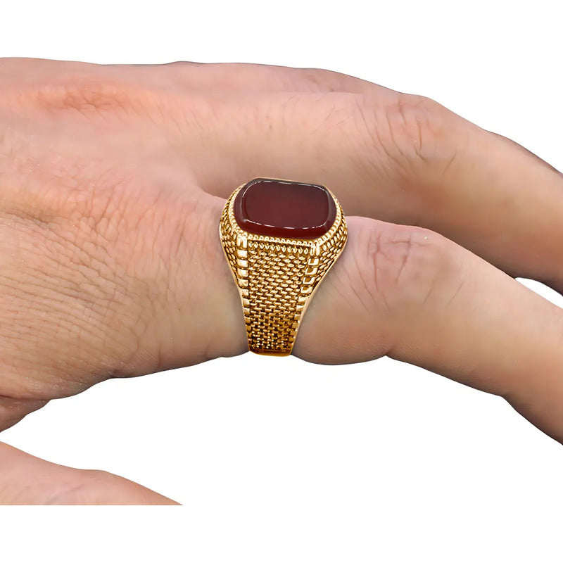 Anel Masculino Tudo Prata 925 Banhado Ouro 18k Ágata Vermelha Tamanho 29 Vermelho
