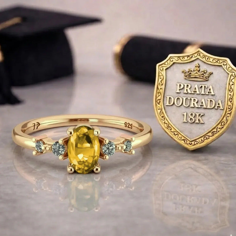 Anel Formatura Feminino Prata 925 Dourada 18k + Capelo Citrino 14-15