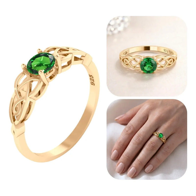 Anel Solitário Celta Knot Prata 925 Dourada 18k - Esmeralda
