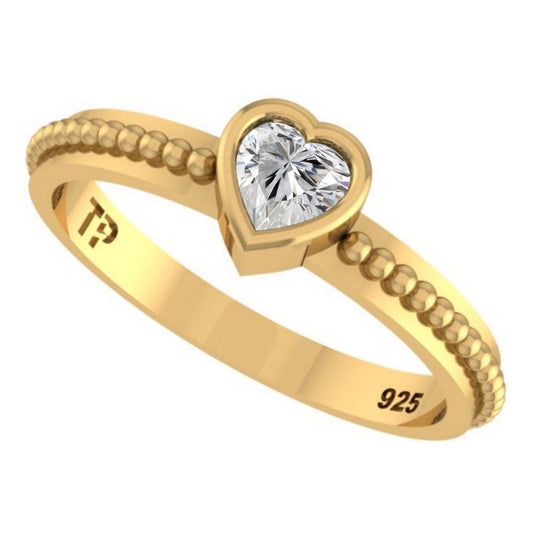 Anel Prata 925 Dourada 18k Solitário Coração - Zircônia