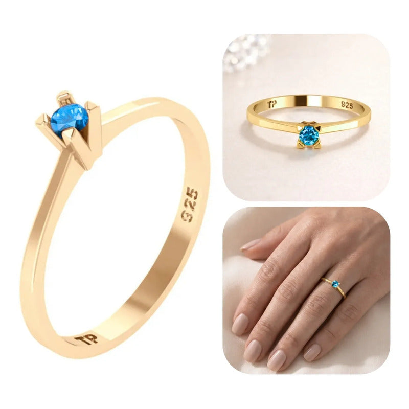 Anel Solitário Prata 925 Dourada 18k - Topázio Azul