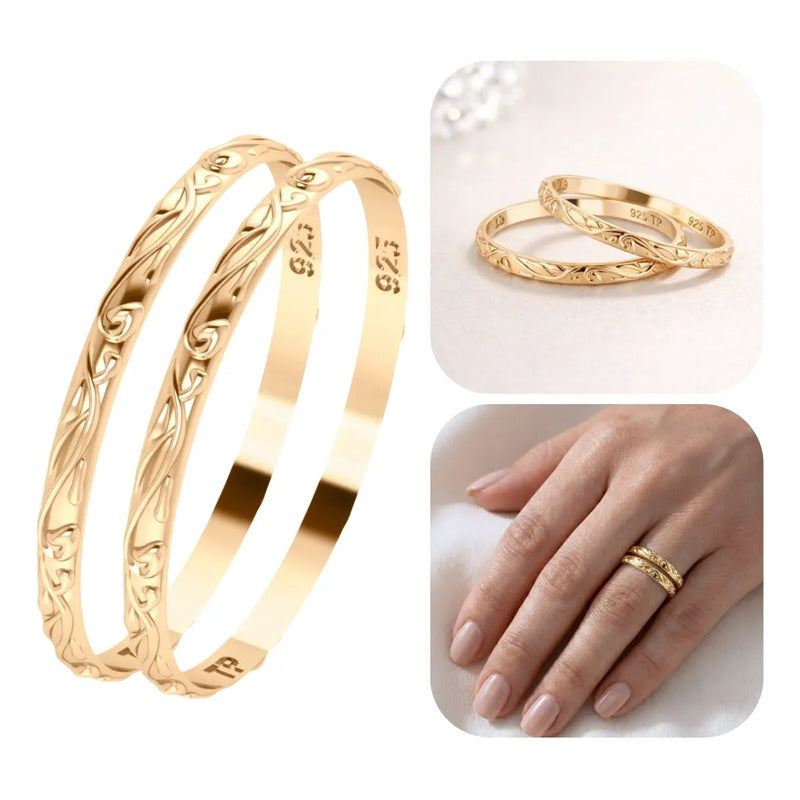 2 Aneis Fio Arabesco Aliancinha Prata 925 Dourada Ouro 18k
