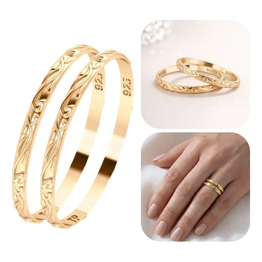 2 Aneis Fio Arabesco Aliancinha Prata 925 Dourada Ouro 18k