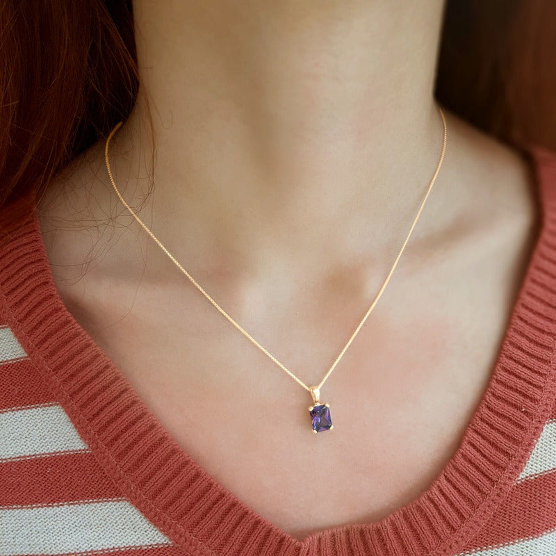 Colar Pingente Retangular Prata 925 Dourada 18k - Ametista