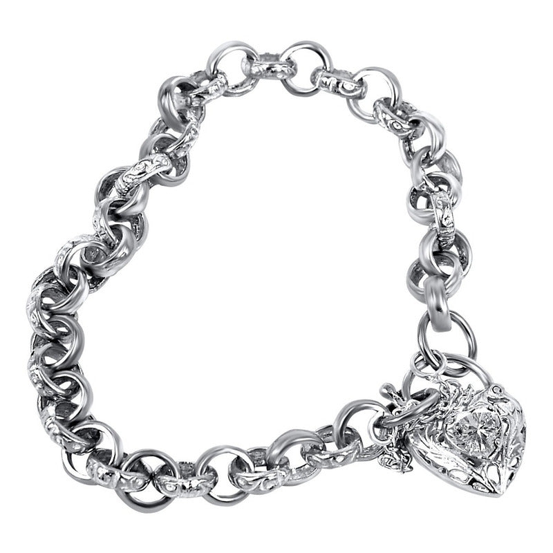Pulseira Prata 925 Elo Português Zircônia - Fecho Coração