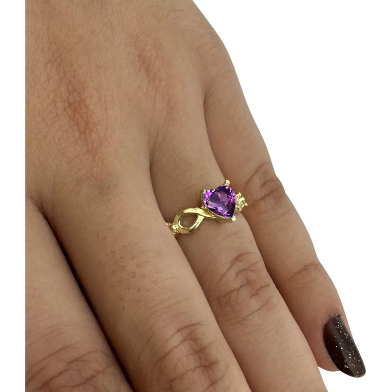 Anel Prata 925 Dourada 18k Infinito Amor Coração Ametista