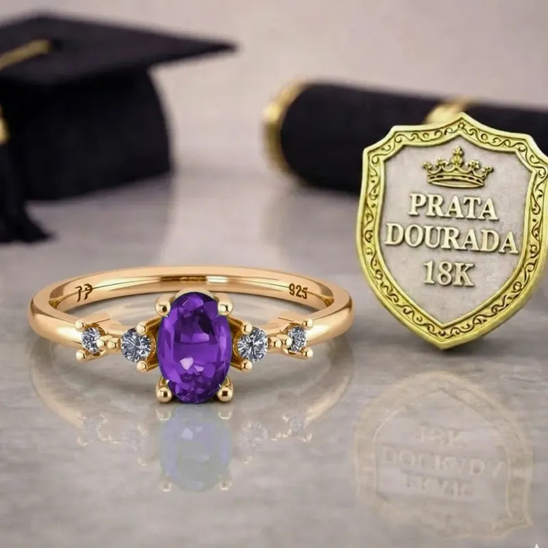 Anel Formatura Diversas Areas Prata 925 Dourada 18k + Capelo Ametista 28-29