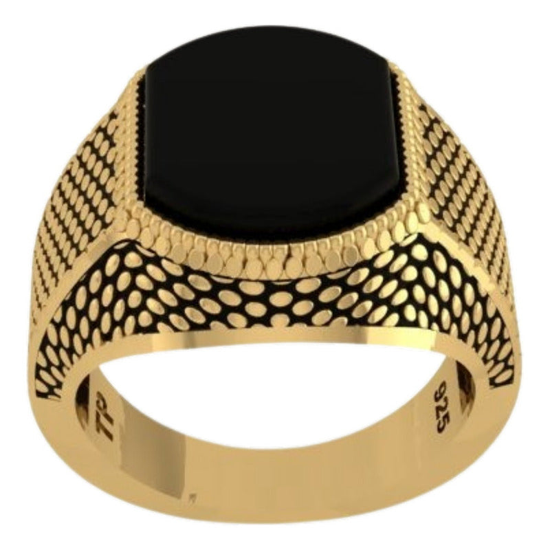 Anel Masculino Prata 925 Banho Ouro 18k Ônix Preta Tamanho 14 Dourado