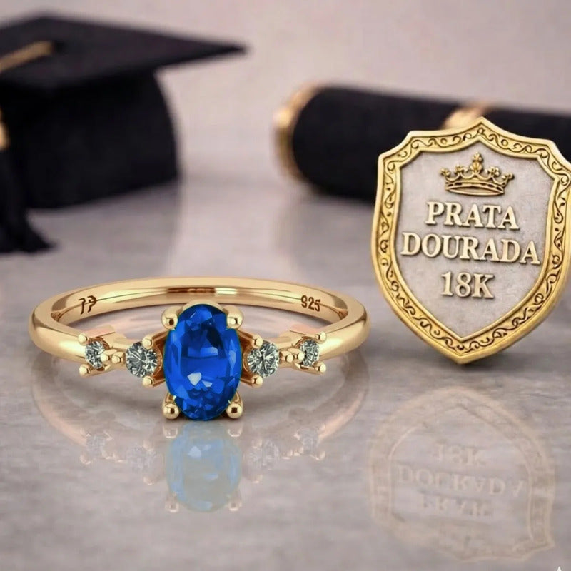 Anel Formatura Feminino Prata 925 Dourada 18k + Capelo Safira 18-19