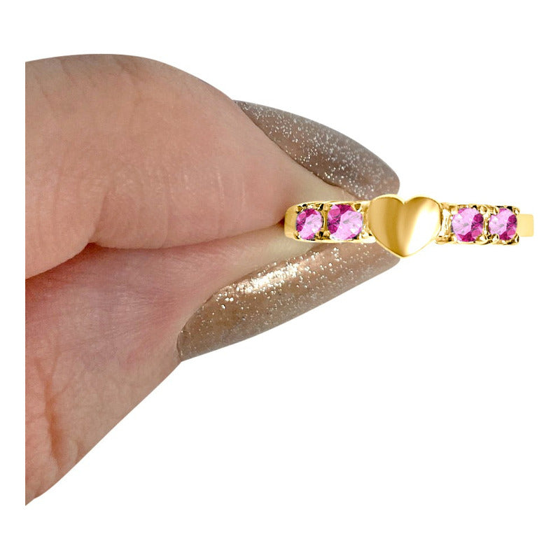 Anel Coração Sólido Prata 925 Dourada 18k - Zircônias Rosa