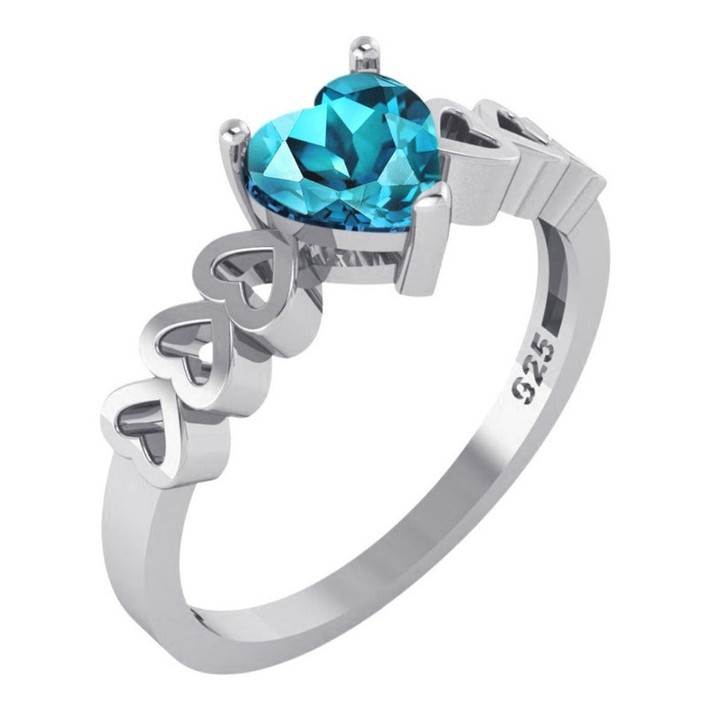 Anel Luxo Pura Prata 925 Topázio Azul Coração - Feminino