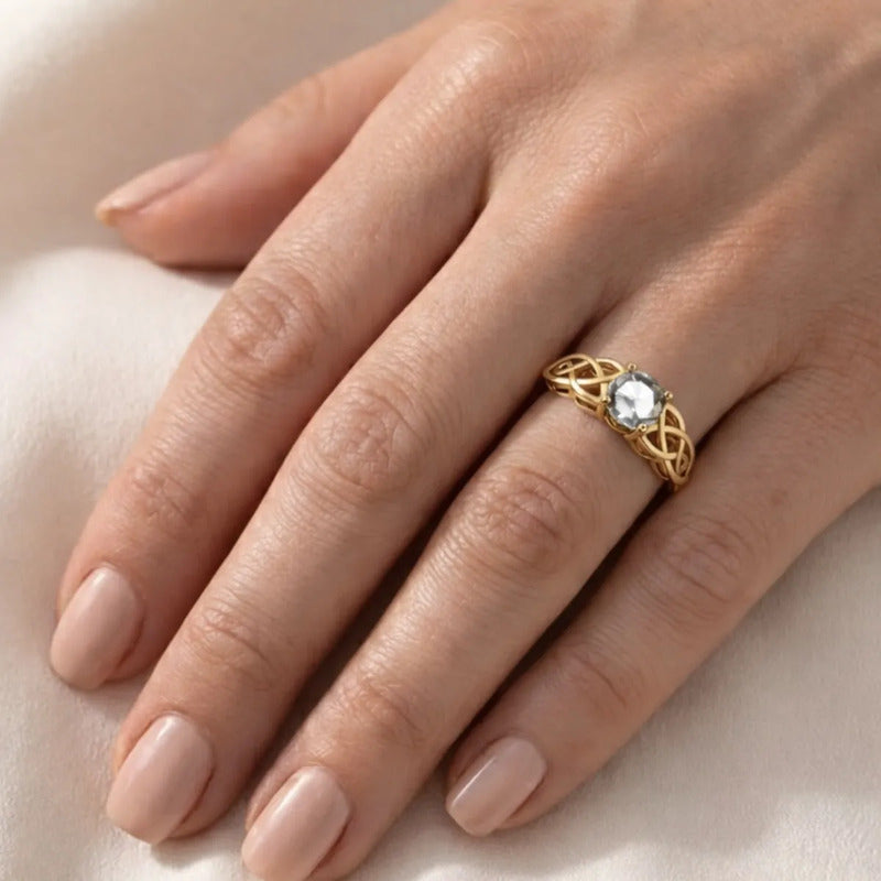 Anel Solitário Celta Knot Prata 925 Dourada 18k - Zircônia