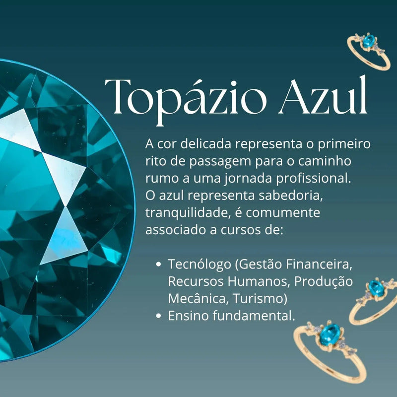 Anel Formatura Feminino Prata 925 Dourada 18k + Capelo Topázio Azul 22-23