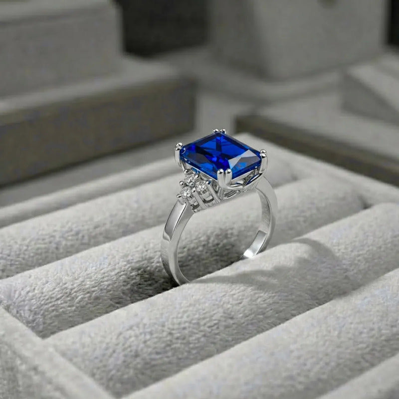 Anel Vintage Clássico Safira Azul Pura Prata 925 - Feminino