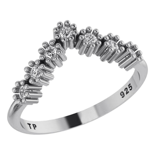 Anel V Pura Prata 925 Chevron Brilhante Zirconias- Exclusivo