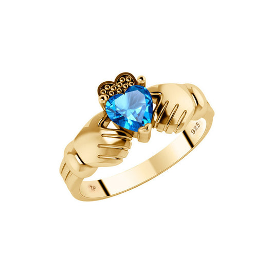 Anel Claddagh Irlandês Prata 925 Dourada 18k - Topázio Azul
