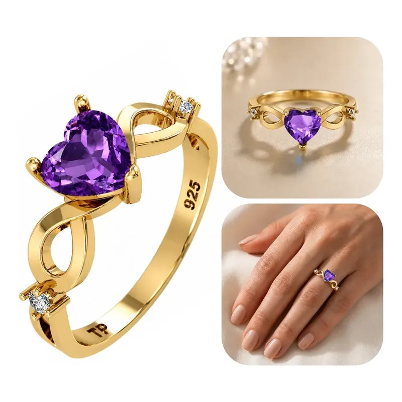 Anel Prata 925 Dourada 18k Infinito Amor Coração Ametista
