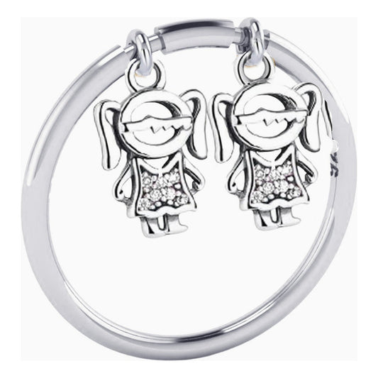 Anel Pingentes Crianças Prata 925 Duas Meninas - Exclusivos
