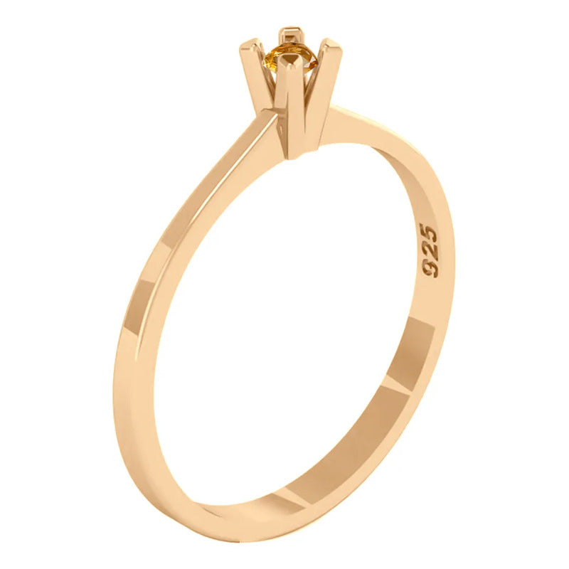 Anel Solitário Classico Prata 925 Dourada 18k Citrino - 25