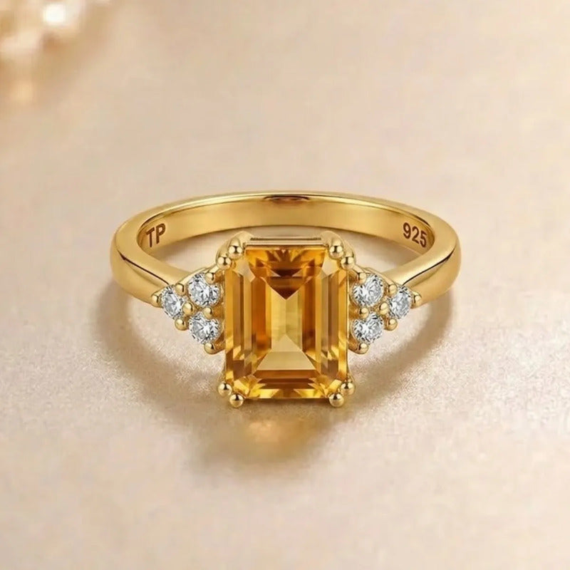Anel Vintage Clássico Prata 925 Dourada Ouro 18k Citrino