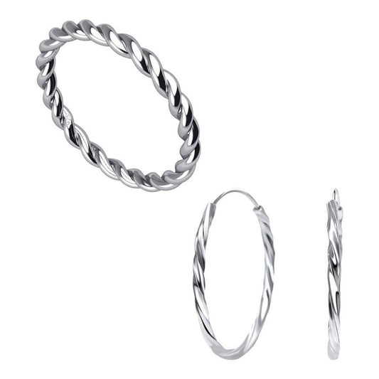 Kit Anel E Argola Pura Prata 925 Solitário Torcido - 18mm