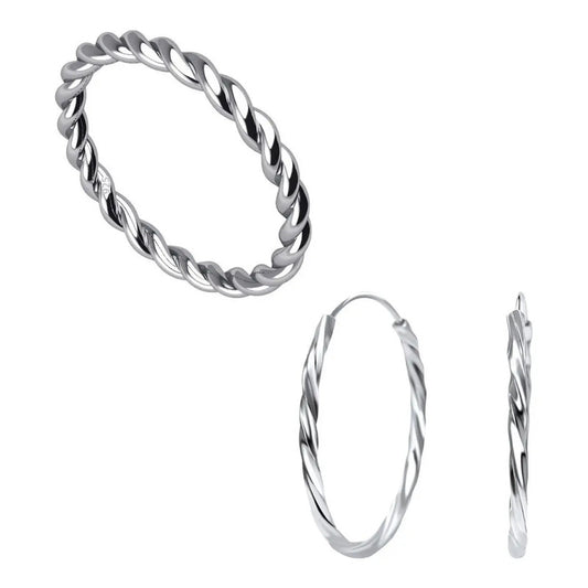 Kit Anel E Argola Pura Prata 925 Solitário Torcido - 18mm