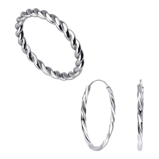 Kit de anillo y aro solitario trenzado de plata 925 pura (18 mm)