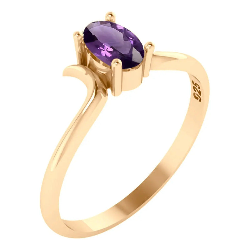 Anel Roma Solitário Prata 925 Dourada Ouro 18k- Ametista