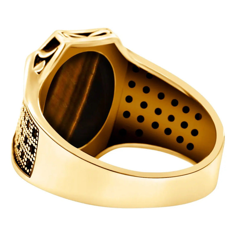 Anel Cabochão Prata 925 Dourada Ouro 18k - Olho De Tigre