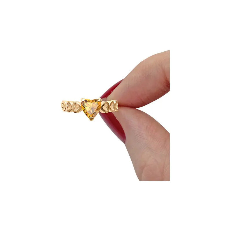 Anel Luxo Coração Prata 925 Dourada A Ouro 18k - Citrino