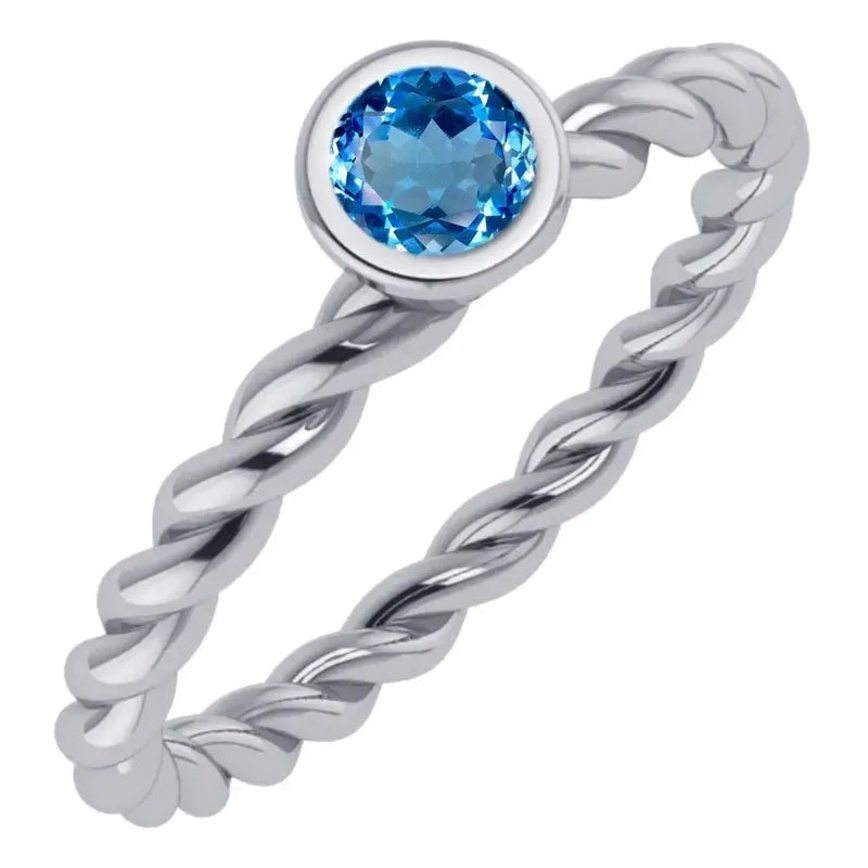 Anel Prata 925 Solitário Torcido Topázio Azul - Exclusivo