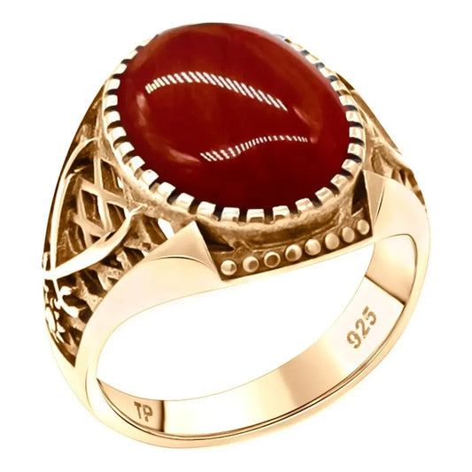 Anel Masculino Oval Prata 925 Dourada Ouro 18k Ágata 26