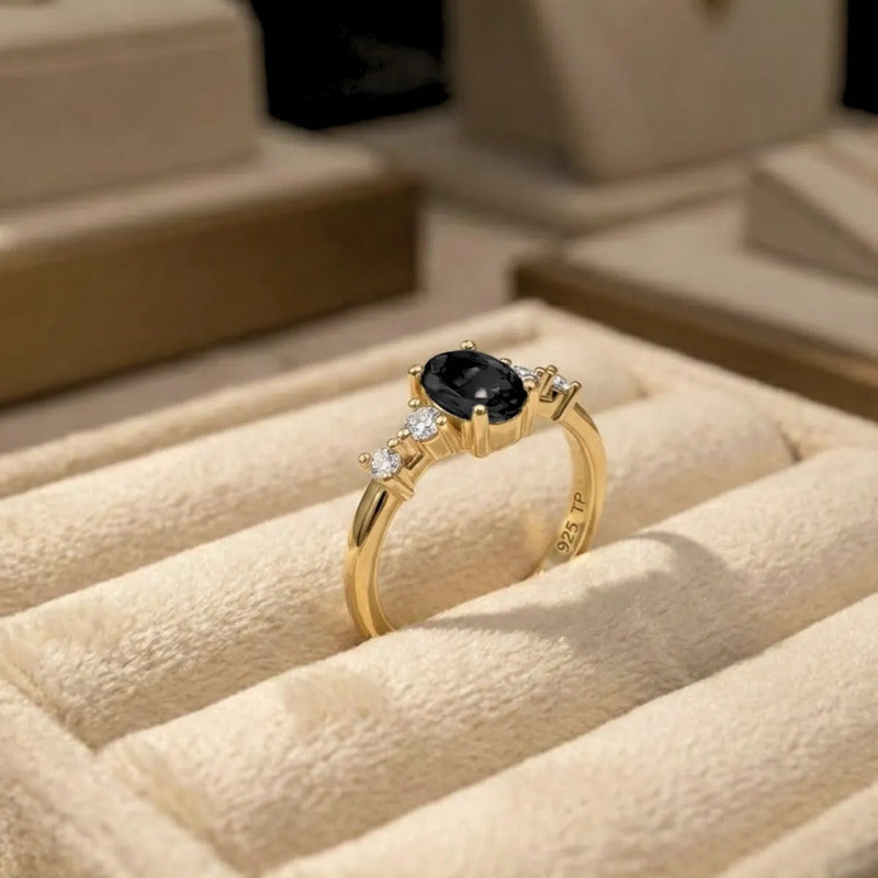 Anel London De Prata 925 Dourada Ouro 18k - Black Ônix