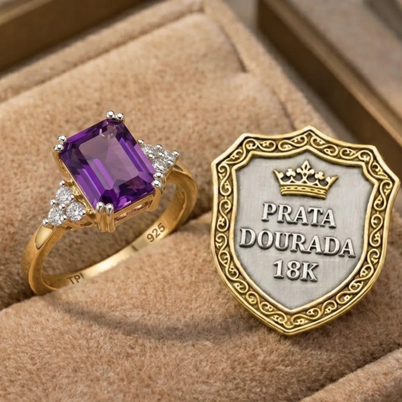 Anel Vintage Clássico Prata 925 Dourada Ouro 18k Ametista