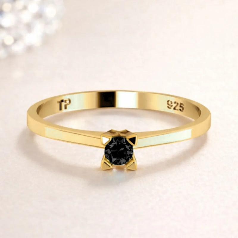 Anel Solitário Prata 925 Dourada 18k - Black Ônix