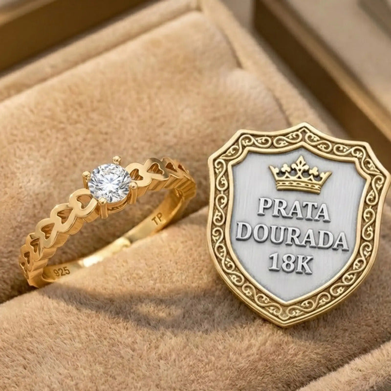 Anel Luxo Corações Prata 925 Dourada 18k Zircônia