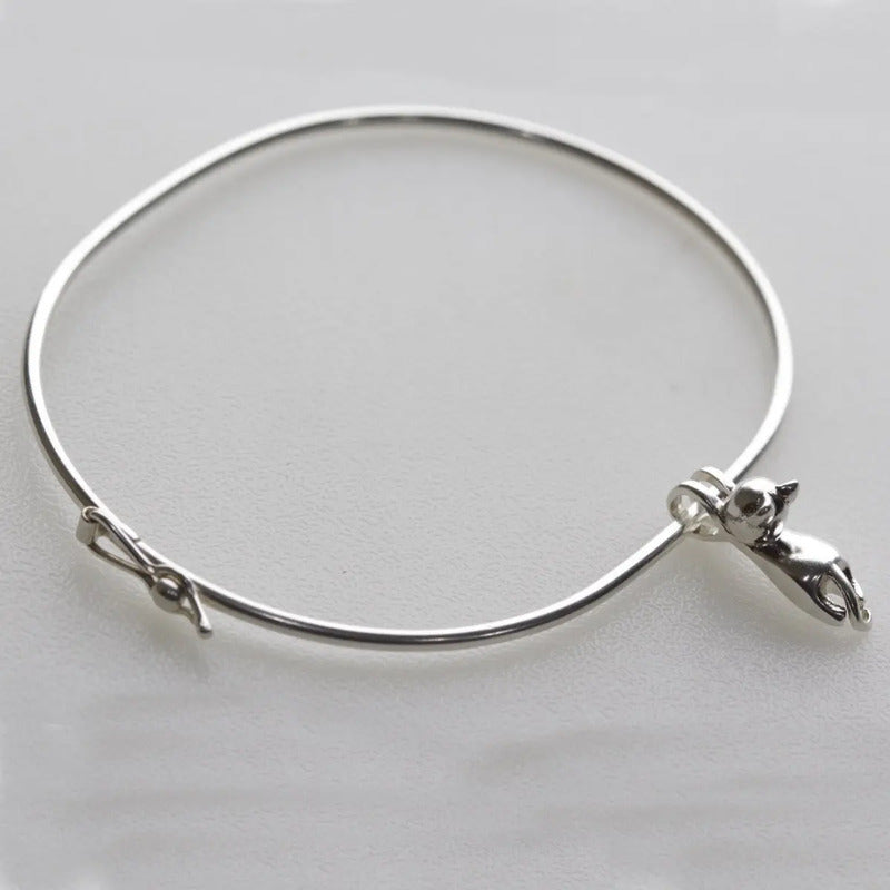 Pulseira Bracelete Rígido Prata 925 - Pingente Gatinho 19 Cm