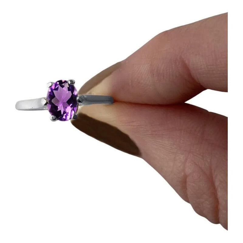 Anel Solitário Prata 925 Oval Ametista - Exclusivo