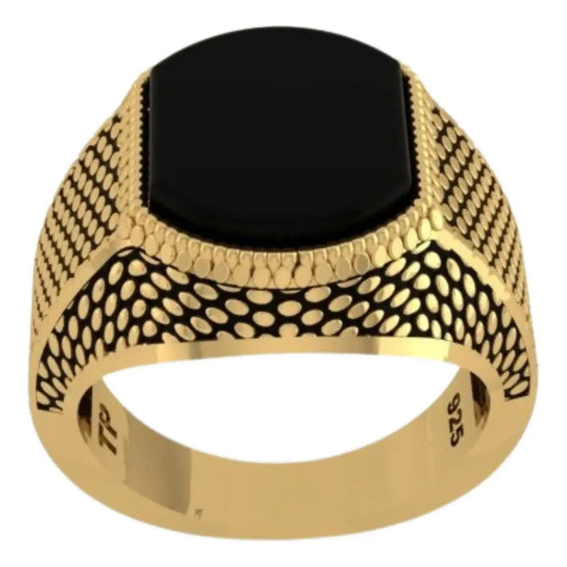 Anel Masculino Prata 925 Banhado A Ouro 18k Tudo Prata Black Ônix Tamanho 28