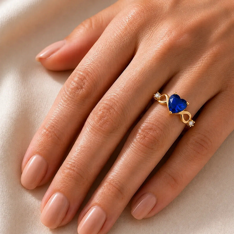 Anel Prata 925 Dourada 18k Infinito Amor Coração - Safira