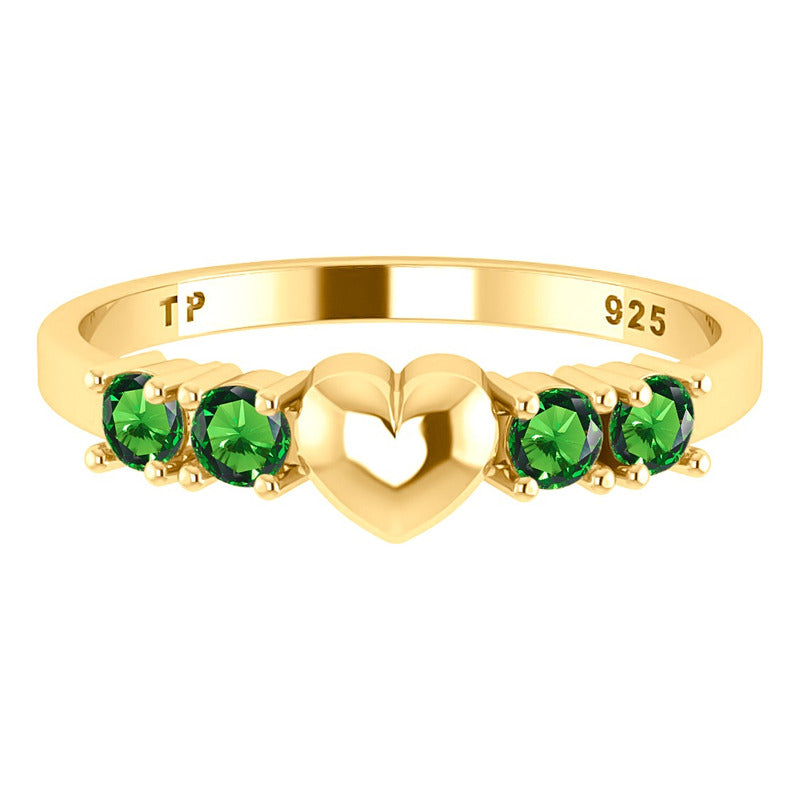 Anel Coração Sólido Prata 925 Dourada Ouro 18k - Esmeralda