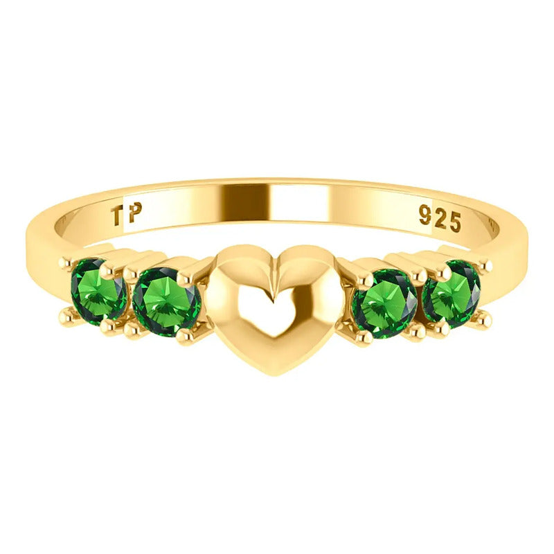Anel Coração Sólido Prata 925 Dourada Ouro 18k - Esmeralda