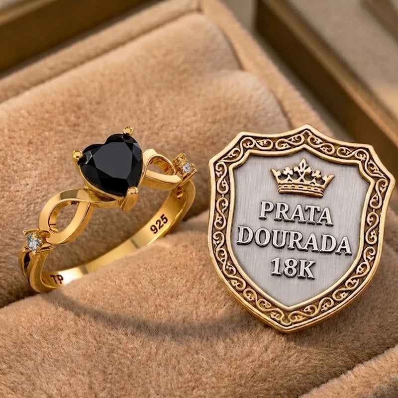 Anel Prata 925 Dourada 18k Infinito Amor Coração - Onix
