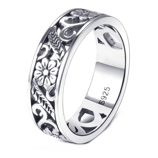 Anel Floral Esculpido Pura Prata 925 Unissex - Exclusivo