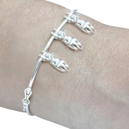 925 Silver Rigid Bracelet - 3 x Kitten Pendants
