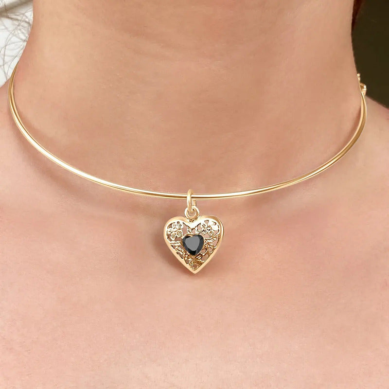 Colar Choker Coração Prata 925 Dourada 18k - Black Ônix