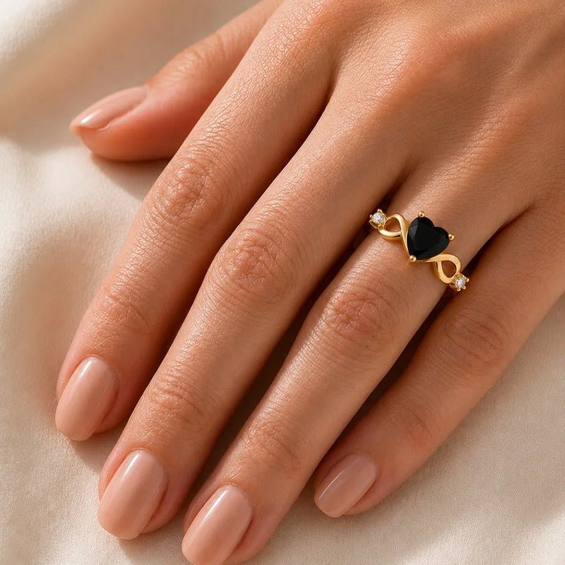 Anel Prata 925 Dourada 18k Infinito Amor Coração - Onix
