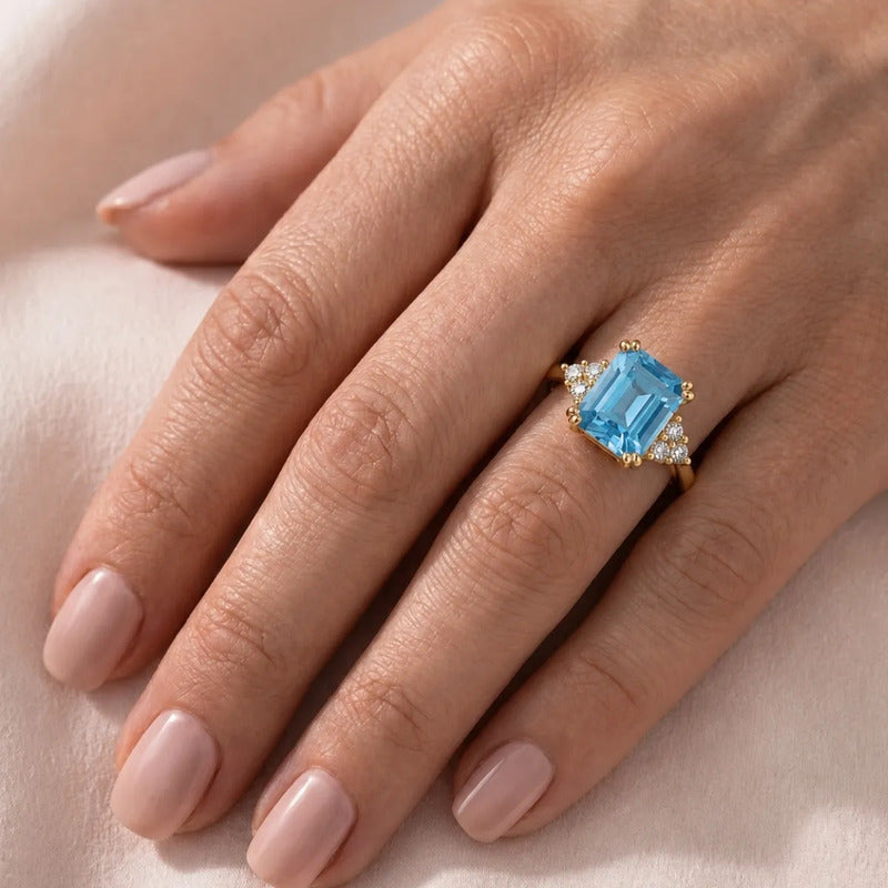Anel Vintage Clássico Prata 925 Dourada 18k Topázio Azul